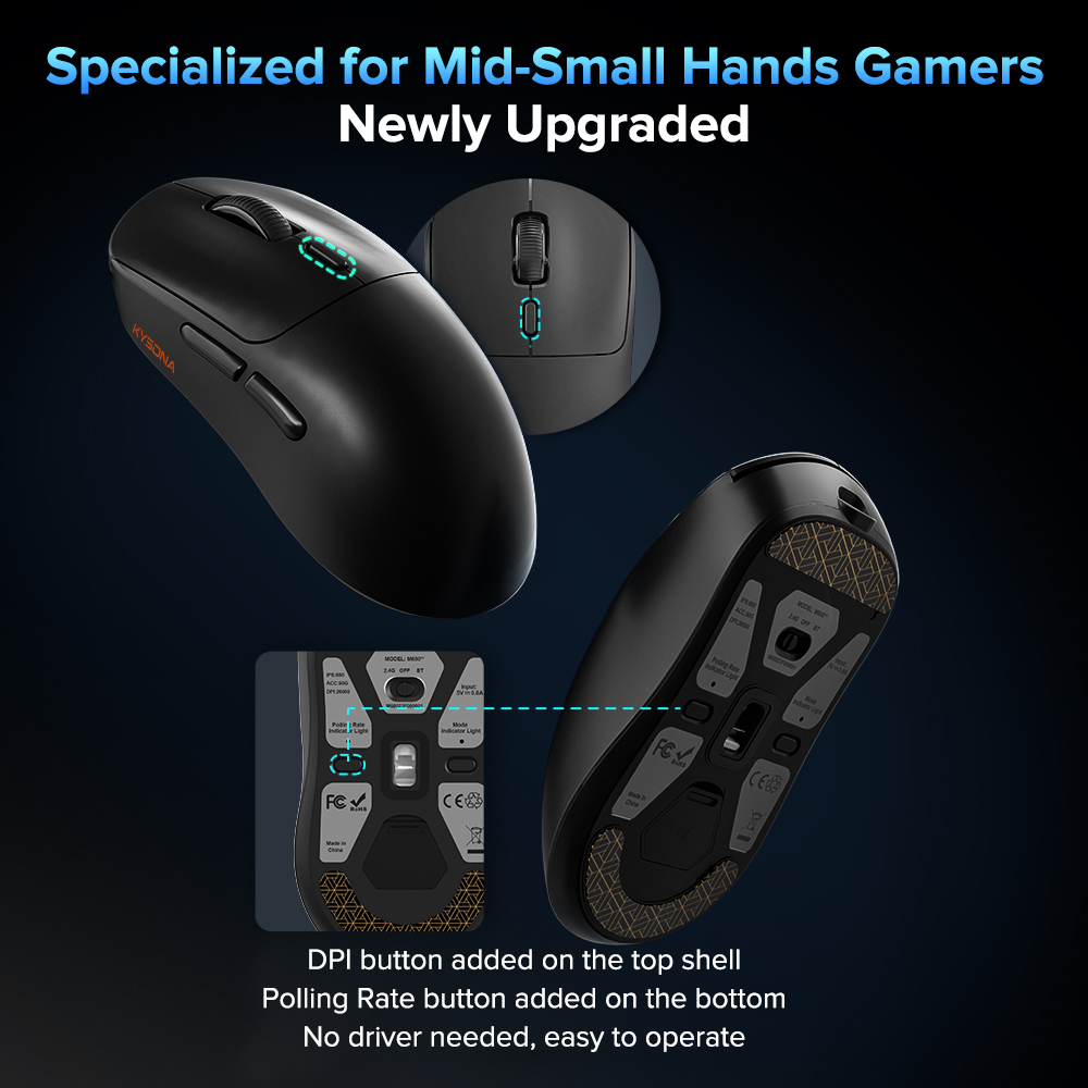 KYSONA Wireless Gaming Mouse Ultralight 55g, 3395 Lag-Free Sensor, 26K DPI, 80Hrs Long Battery Life, 6 Programmable Button for PC, 3 Modes (2.4G/Wired/BT), Win with M600v2, Black