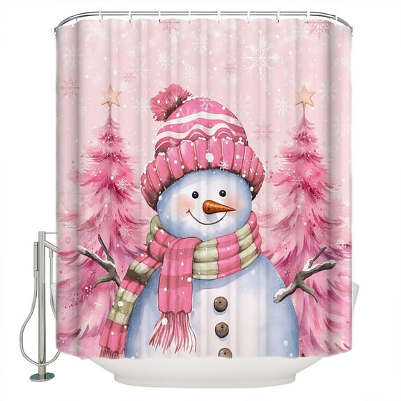 Pink Snowman Shower Curtain, 48" x 72", Christmas Tree Winter Snowflake Waterproof Bathroom Curtain Washable Shower Curtain Set with 12 Hooks
