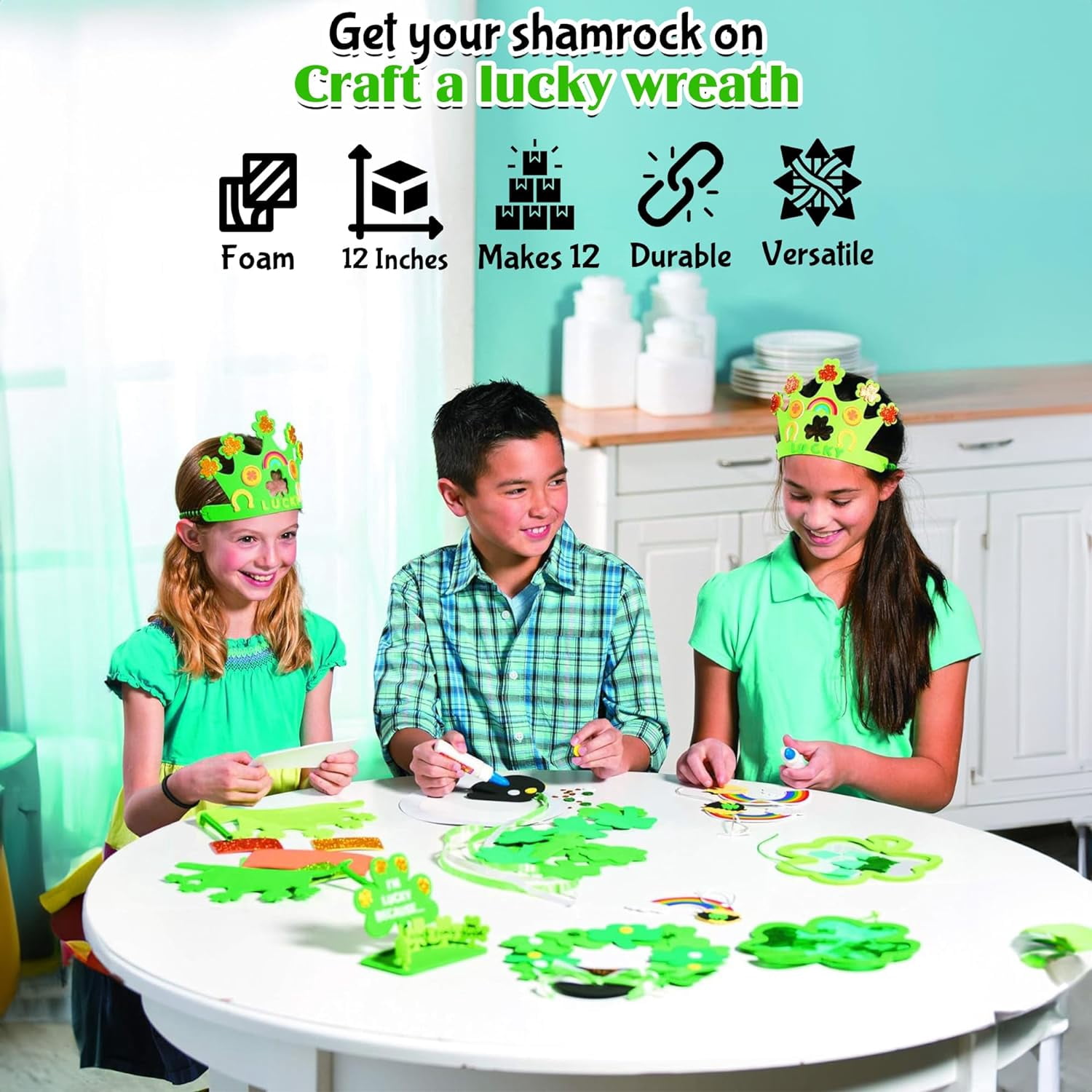 Fun Express 12 Pieces Foam Shamrock Wreath Craft Kit, St. Patrick's Day Crafts for Kids