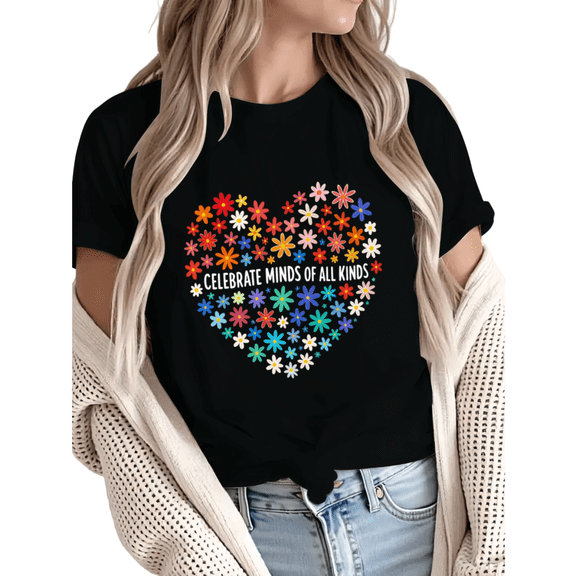 Giffimy Women Celebrate Minds Of All Kinds Floral Heart Graphic Short Sleeve T-Shirt Casual Cotton Crewneck Top