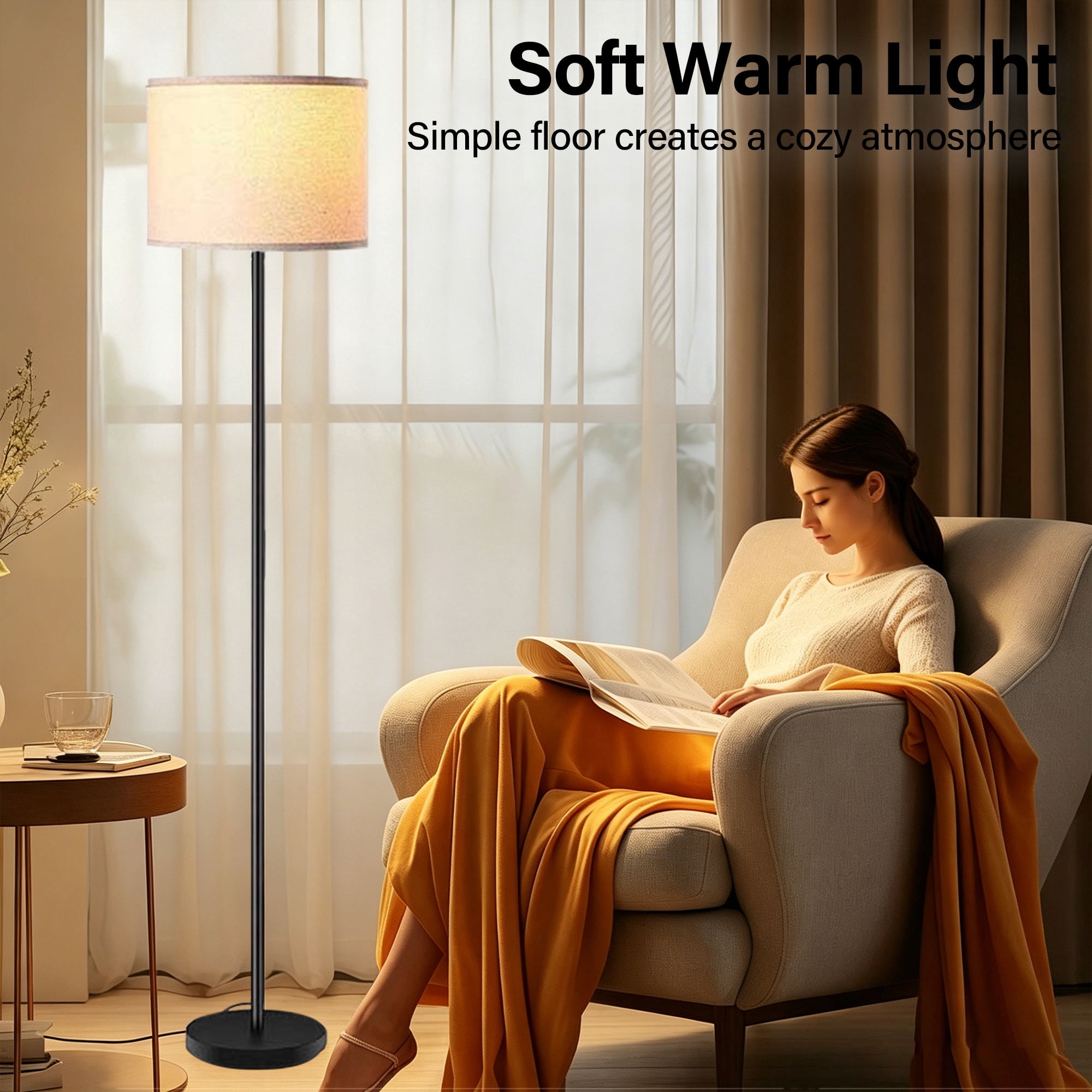 Floor Lamp for Living Room, Tall Standing Lamp with 3 Color Temperatures, Foot Switch, Modern Metal Pole with Line Shade for Bedroom, Office