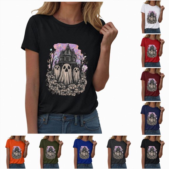 Women Multicolor Halloween Graphic Print Short Sleeve Crew Neck T-Shirt, Soft Loose Basic Casual Blouse Tops for Daily Autumn Wear and Holiday Party Dressing XXXL Blue