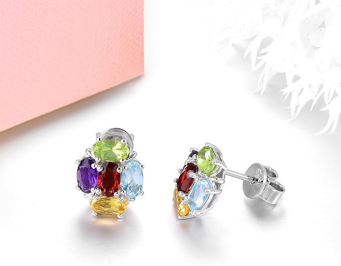 Divine_creation 2.10 Ct Oval Cut Multi Sapphire Womens Stud Earrings Push Back 14K White Gold Plated 925 Sterling Silver