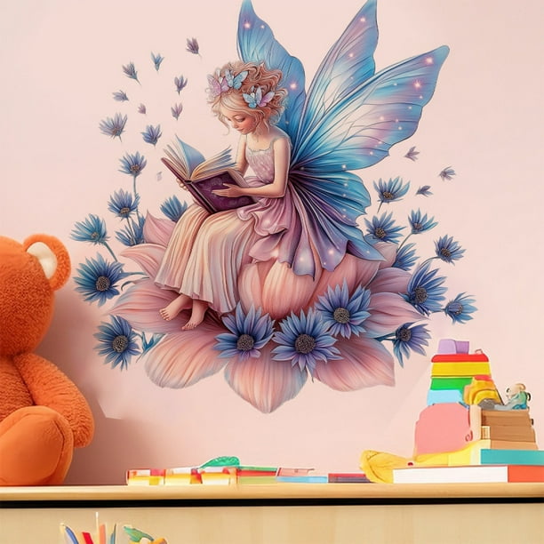 Adhesivos de pared con forma de hada, mariposa morada, niña que lee, 68 x 70 cm