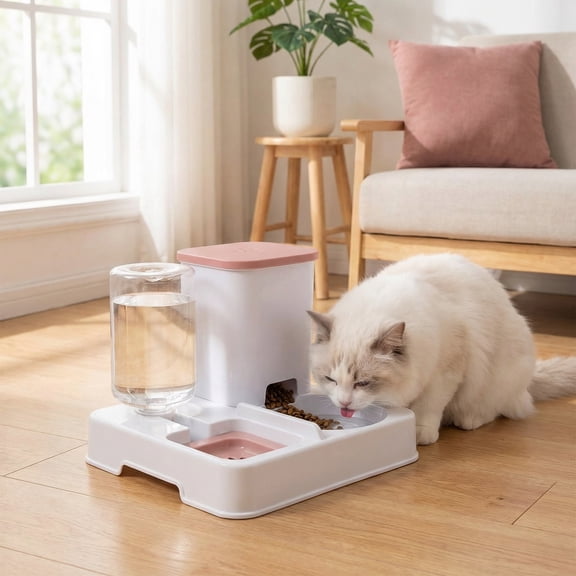 Automatic Cat Feeder Double Bowl Anti Overturning Removable 2 in 1 Feeder and Water Dispenser for Puppy Travel Small Animals, Pink White