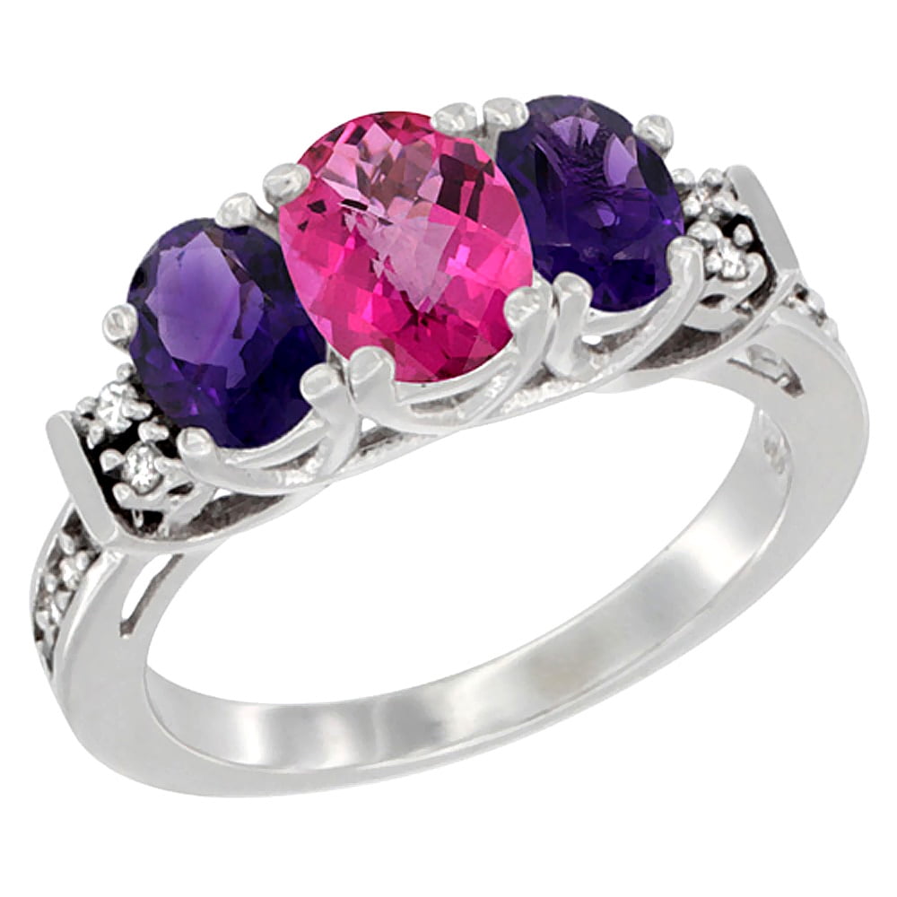 14K White Gold Natural Pink Topaz & Amethyst Ring 3-Stone Oval Diamond Accent, sizes 5-10 by WorldJewels