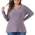 thumbnail image 2 of DARING DIVA Women's Plus V Neck Long Sleeve Basic Ribbed Blouse 3X Purple, 2 of 6