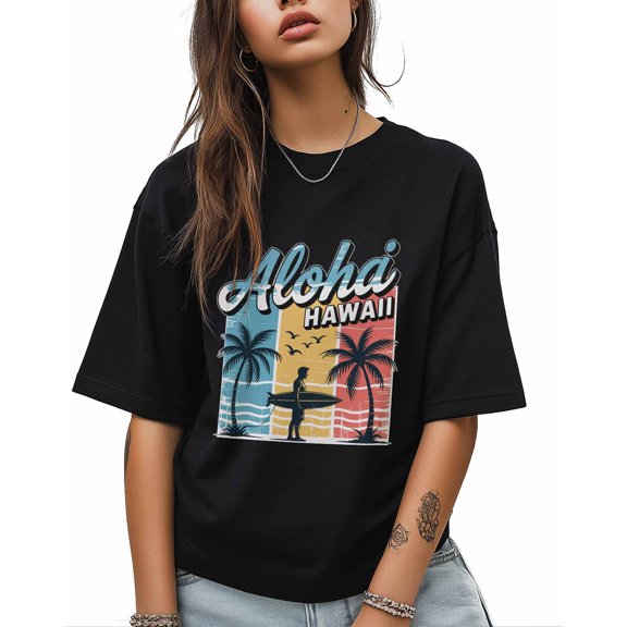 Women's Graphic T-Shirt Black 3XL Women's Tops Aloha Hawaii Coconut Crew Neck Short Sleeve Shirts for Women
