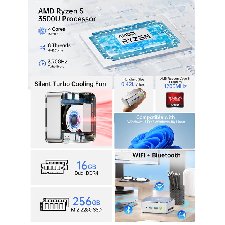 GMKtec G10 Mini PC, AMD Ryzen 5 3500U, 16GB RAM 256GB SSD, Mini