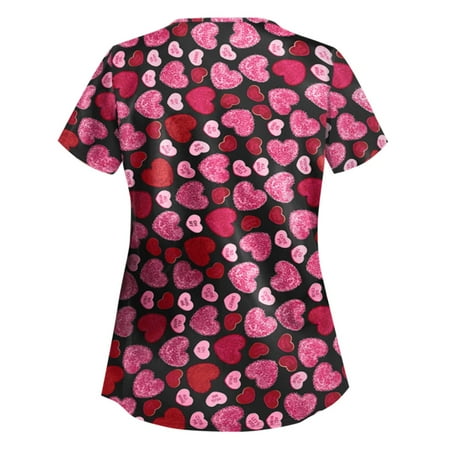

Women s Short Sleeve V-Neck Tops Uniform Valentine s Day Printed Pockets Blouse Work Scrub Loose Tunic Tops