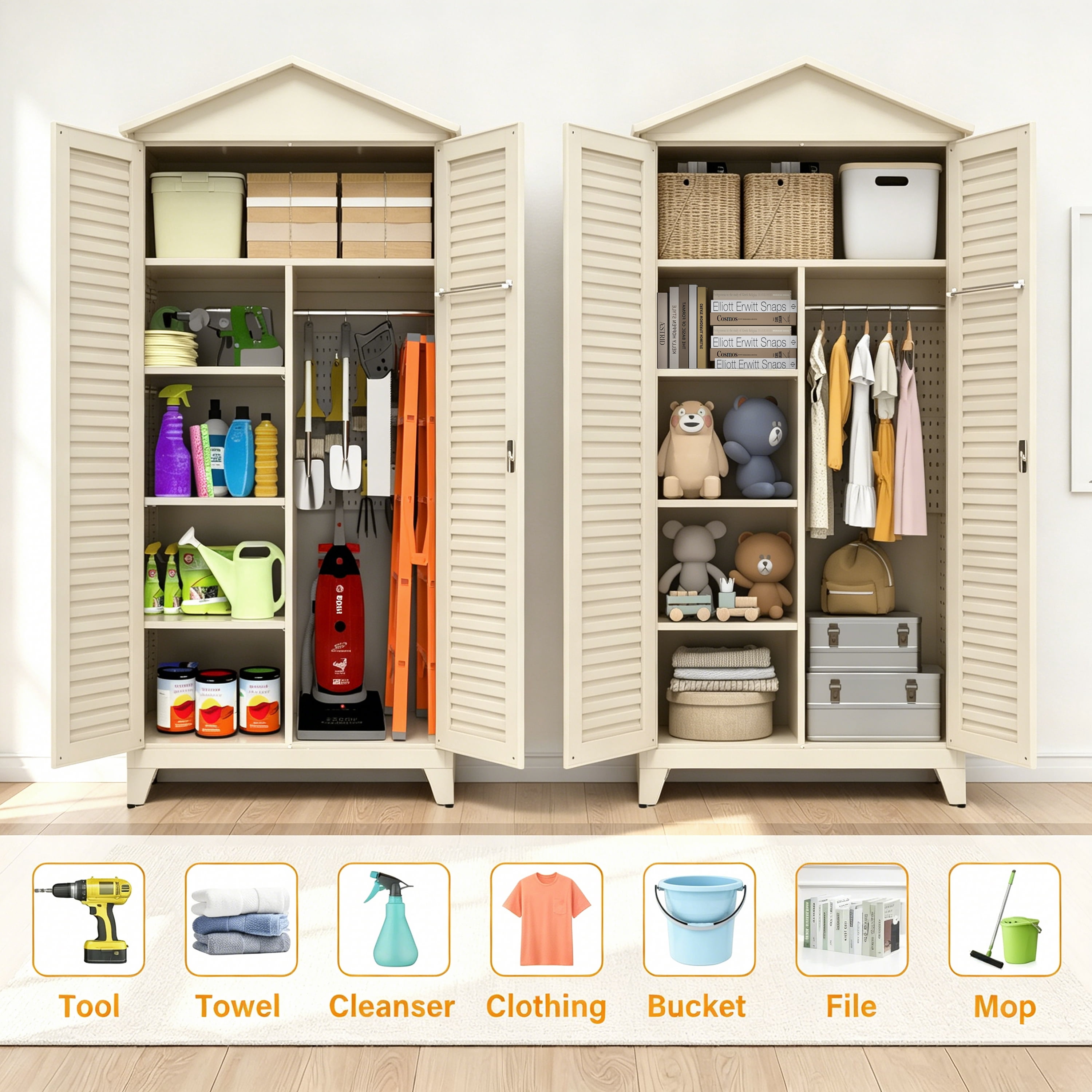 Homy Casa 79" Garage Cabinet, Pegboard, Adjustable Shelves, Locking Louvered Doors, Cream White