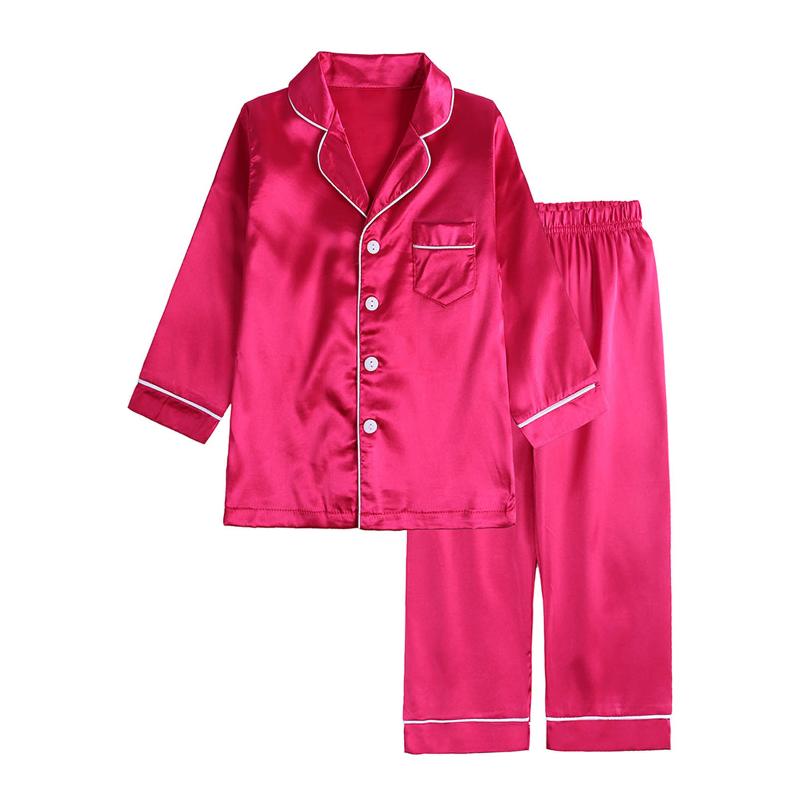Odeerbi Toddler Boys Girls Silk-like Pajamas Set Kids Long Sleeve jammies Toddler Winter Solid Color Home Wear Baby Clothes Suit Hot Pink 2-3 Years