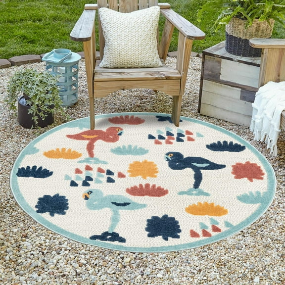 Unique Loom Belize Outdoor Collection Area Rug - Moho (3' 3" Round White/Navy Blue)