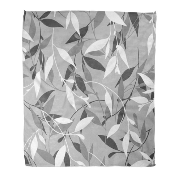 SIDONKU Throw Blanket Warm Cozy Print Flannel Floral Pattern White and Gray Silhouettes of Twigs Leaves Comfortable Soft for Bed Sofa and Couch 58x80 Inches