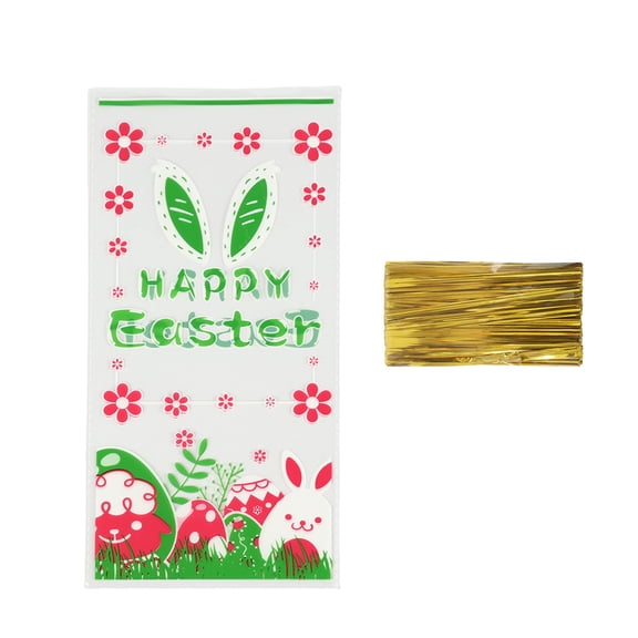 100pcs Easter Candy Bags with Bunny Prints – Cellophane Goodie Bags for Party Favors, Treats & Gifts (50 Bags 60 Gold Twist Ties)