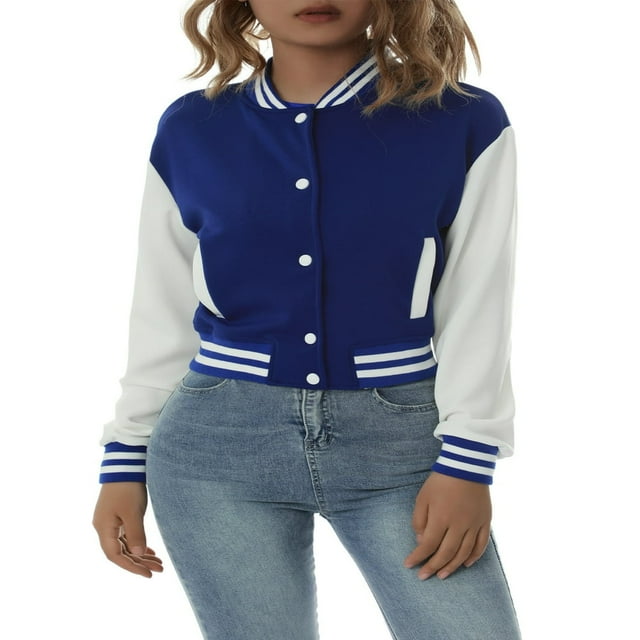 EIMELI Women‘s Varsity Jacket Girl Loose Baseball Uniform Autumn Lady Contrast Color Button Down Crop Coat Blue M
