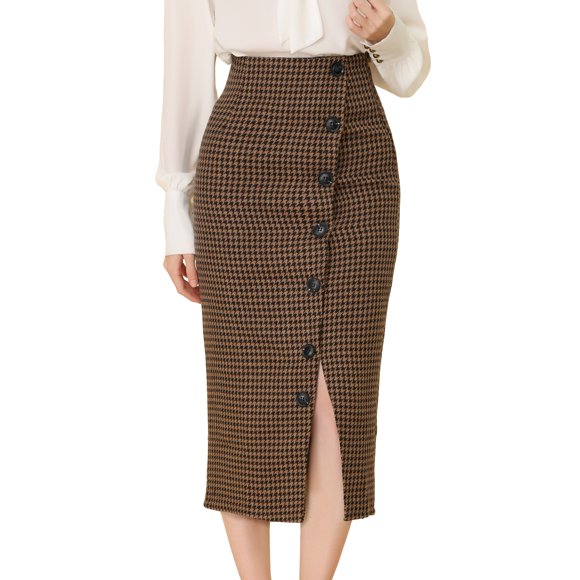 INSPIRE CHIC Women's Elegant Elastic Waist Button Decor Front Houndstooth Skirt Dress