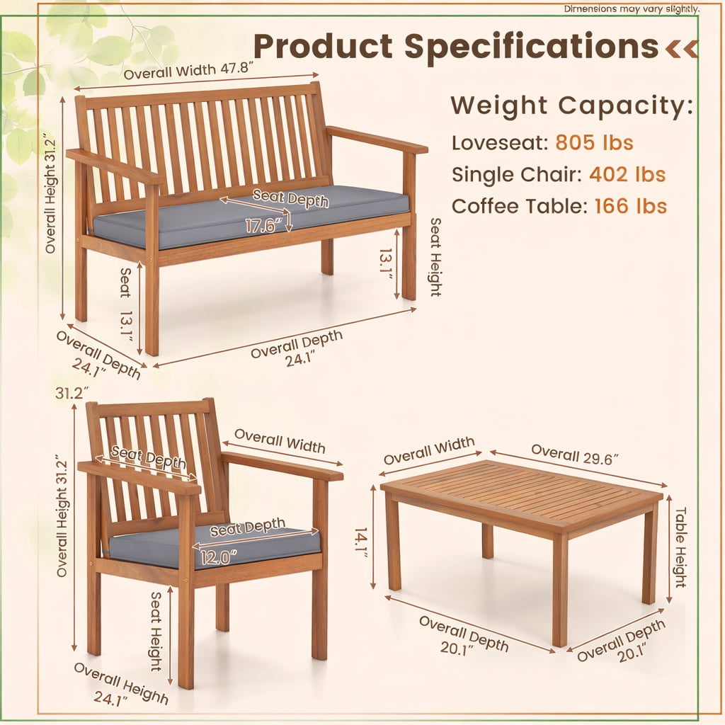 Hommoo 4-Piece Acacia Wood Patio Furniture Set, Cushioned Loveseat, 2 Chairs & Coffee Table for Backyard, Poolside, Porch, Gray
