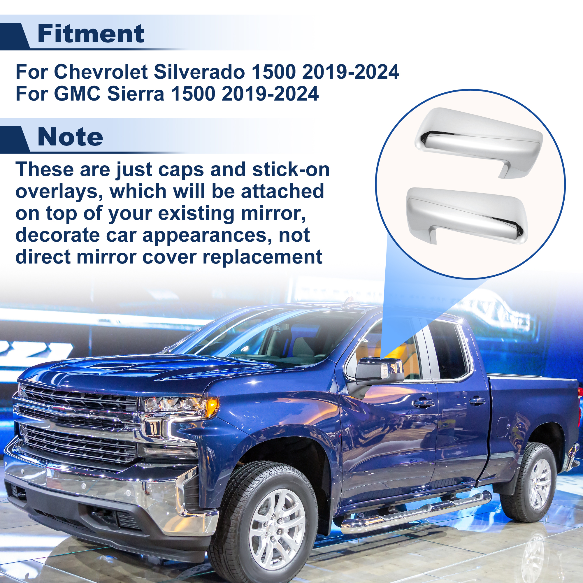 Unique Bargains Chrome Silver Stick-On Mirror Caps for Silverado for Sierra 2019-2024