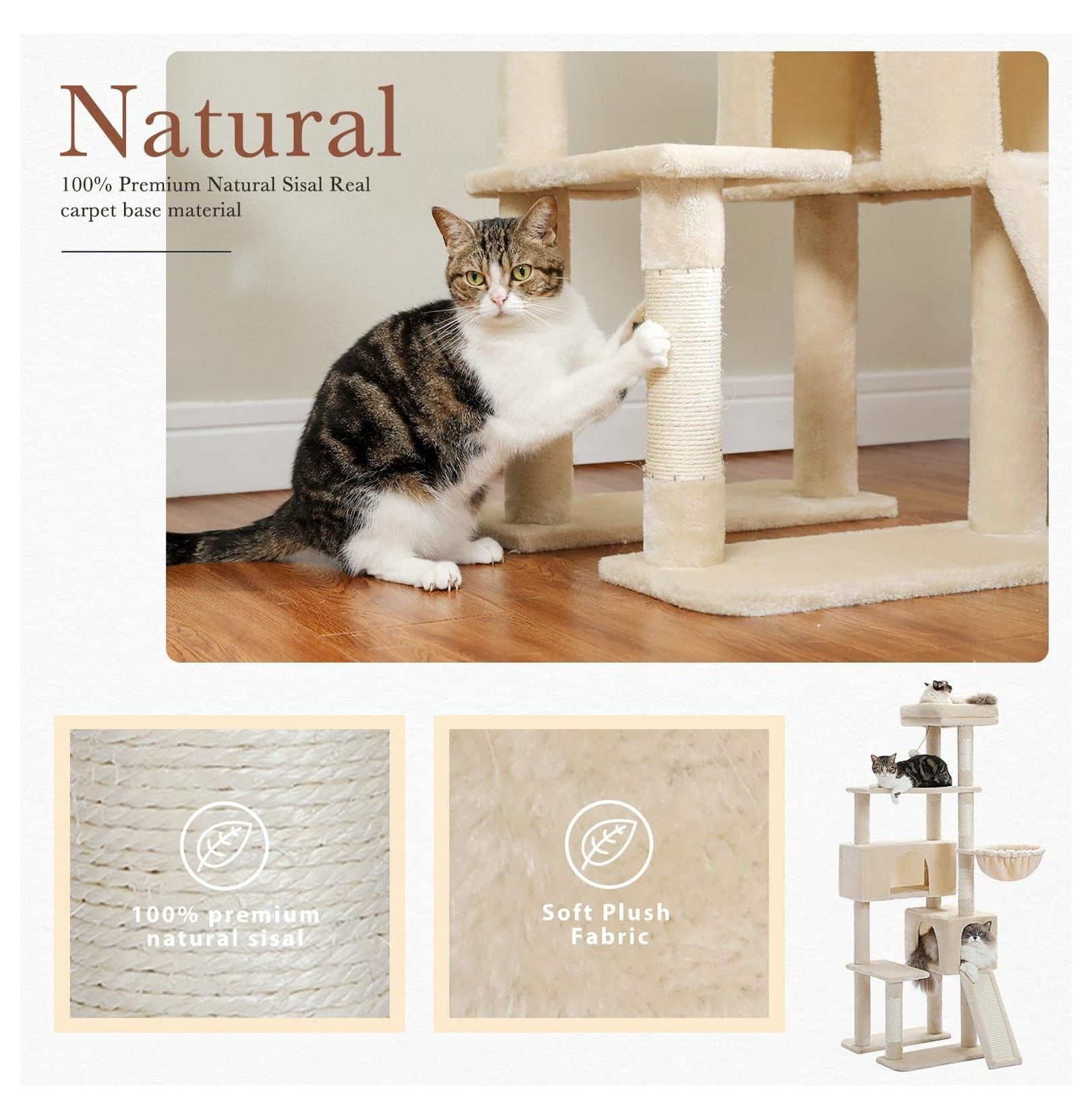 60'' Cat Tree Tower, Large Cat Condo with Scratching Posts, Cozy Hammock, Beige Indoor Cat Climbing Tower for Adult Cats