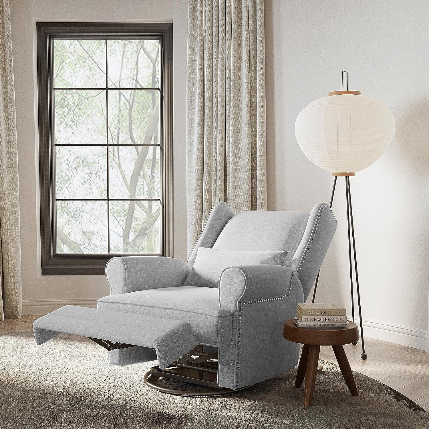 Royalcraft Swivel Nursery Glider Recliner, Comfy Upholstered Glider Chair with Lumbar Pillow and Footrest, Swivel Rocking Chair for Living Room, Grey