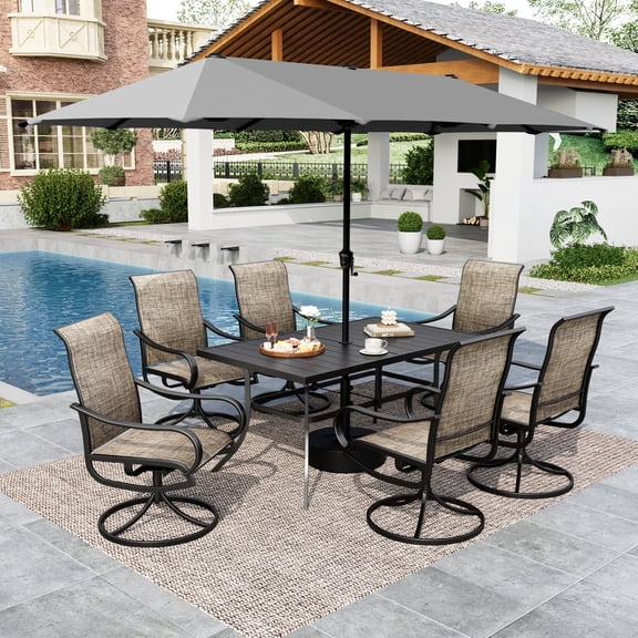 SUMMIT LIVING 8 Pieces Outdoor Patio Dining Set with 13FT Umbrella, High Back Swivel Textilene Chairs and Metal Patio Table for 6, Black & Brown Gray