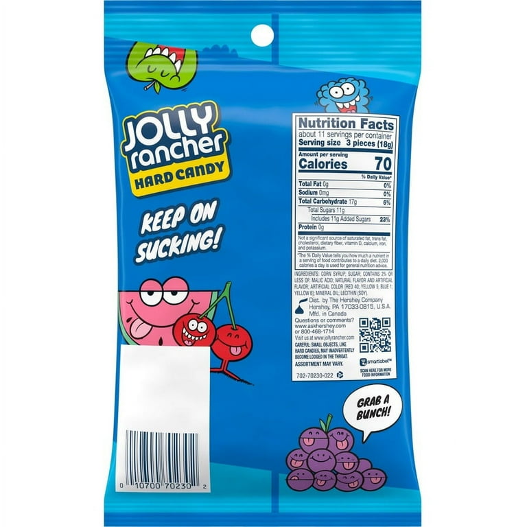 Jolly Rancher Hard Candy - Green Apple, Blue Raspberry, Cherry, Watermelon, Grape - Individually Wrapped, Trans Fat Free - 7 oz - 12 / Carton Jolly Rancher Hard Candy - Green Apple, Blue Raspberry, Cherry, Watermelon, Grape - Individually Wrapped, Trans Fat Free - 7 oz - 12 / Carton