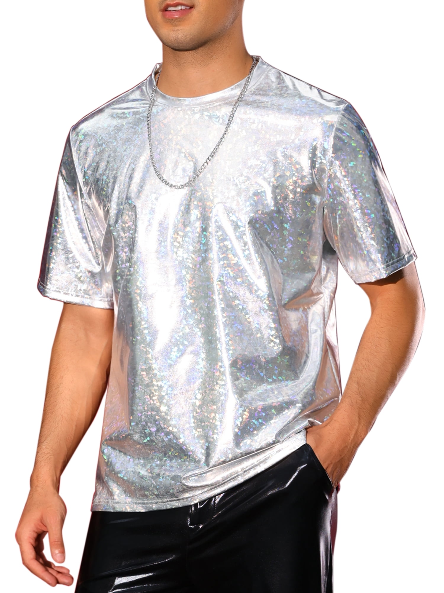 INSPIRE CHIC Holographic T-Shirts for Men's Crew Neck Short Sleeved Party Disco Shiny t Shirt S Silver