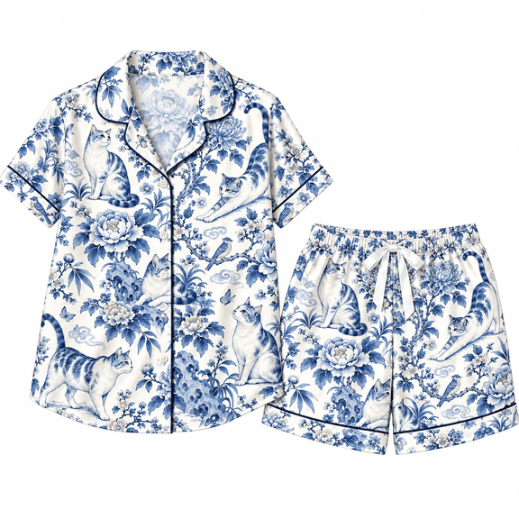 MERIVANE Porcelain Cat All-over Print Satin Pajama Set Short-Sleeve, Blue Floral Sleepwear with Shorts