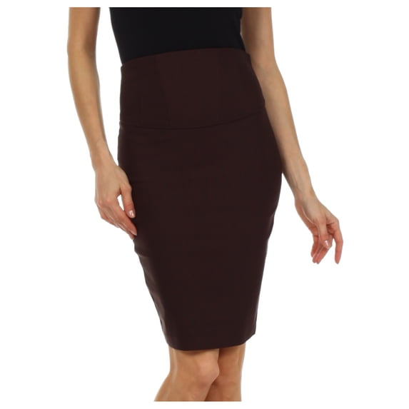 Knee Length High Waist Stretch Pencil Skirt - Brown - Medium