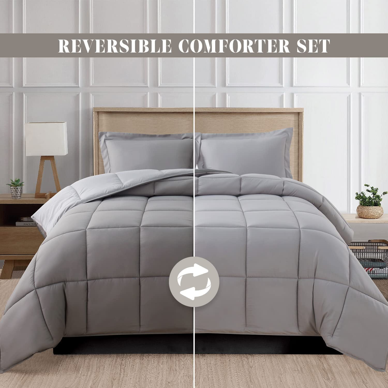 Mocassi Reversible 3-Piece Comforter Set with Matching Shams, Two Colors in One for Ultimate Versatility and Style, King/California King, Gray/Silver