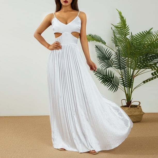 Txlixc Vestido largo para mujer, correa de espagueti, sin mangas, sin espalda, con cuello en V y plisado Txlixc Moda