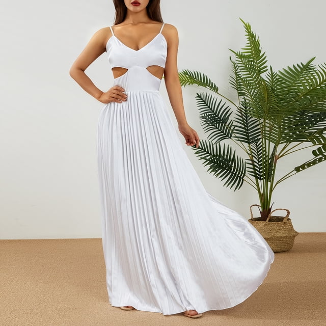SAYOO Vestido largo para mujer, correa de espagueti, sin mangas, sin espalda, con cuello en V y plisado SAYOO Moda