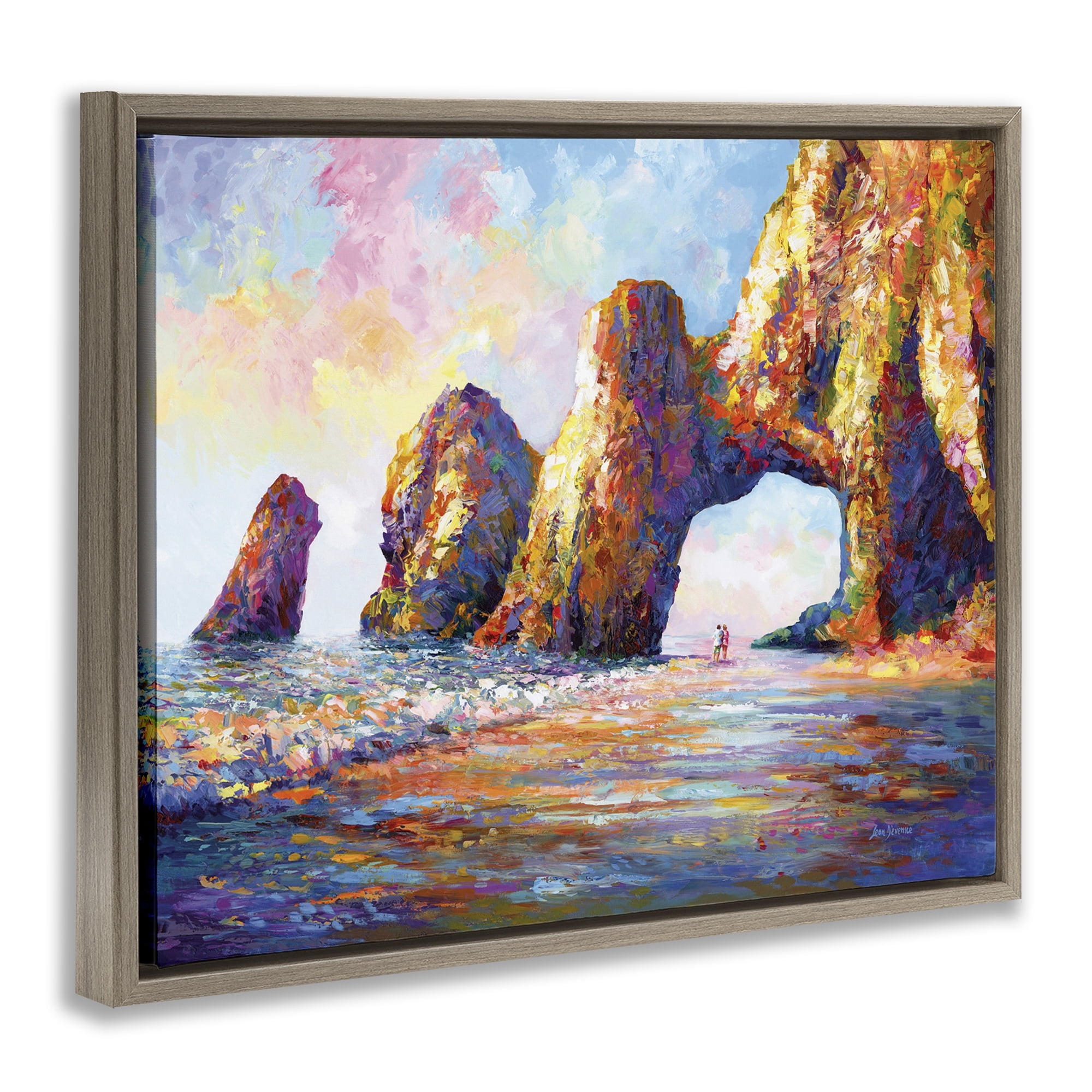 Stupell Industries Couple Strolling Beach Arch Landscape Painting Brown Floater Framed Canvas Art Print Wall Art, 21 x 17