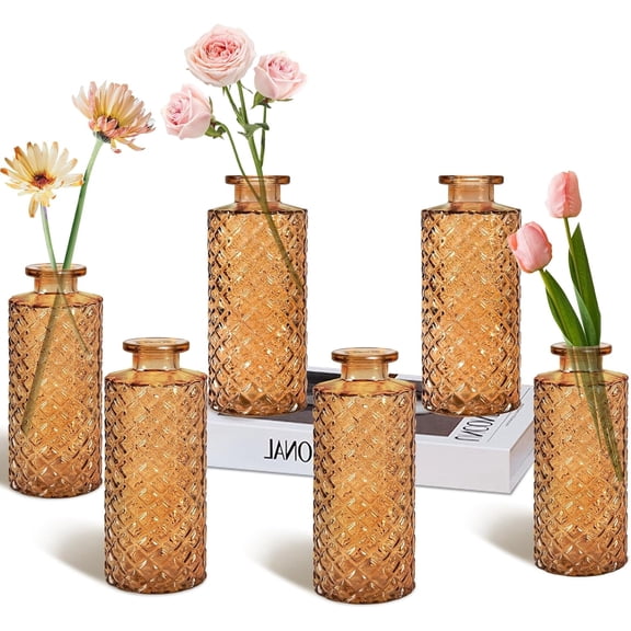 Glass Bud Vase Set of 6,Small Flower Vases,Small Glass Vases for Centerpieces,Mini Vases Vintage Vases,Small Vases for Flowers,Amber Bud Vases for Table Decoration,Wedding Recepetion Home Decor