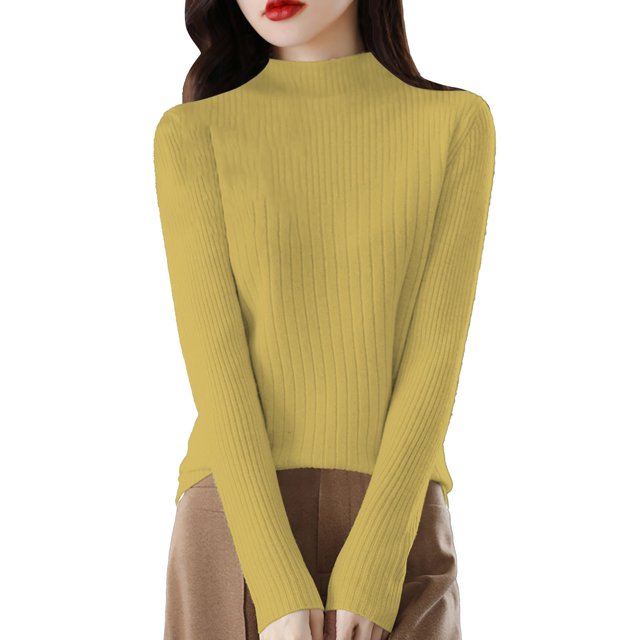 Fadeal Light Sweaters for Women Women's Spring Solid Color Semi High Neck Pullover Long Sleeved Base Knit Sweater with Sweater Underneath Thin Sweaters for Women Yellow S
