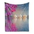 thumbnail image 1 of Peace Soft Flannel Fleece Throw Blanket, Japanese Candle Relaxing Environment Cherry Blossoms Inspirations Image, Cozy Plush for Indoor and Outdoor Use, 50" x 60", Lavender Pink Blue, by Ambesonne, 1 of 6