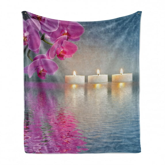Peace Soft Flannel Fleece Throw Blanket, Japanese Candle Relaxing Environment Cherry Blossoms Inspirations Image, Cozy Plush for Indoor and Outdoor Use, 50" x 60", Lavender Pink Blue, by Ambesonne