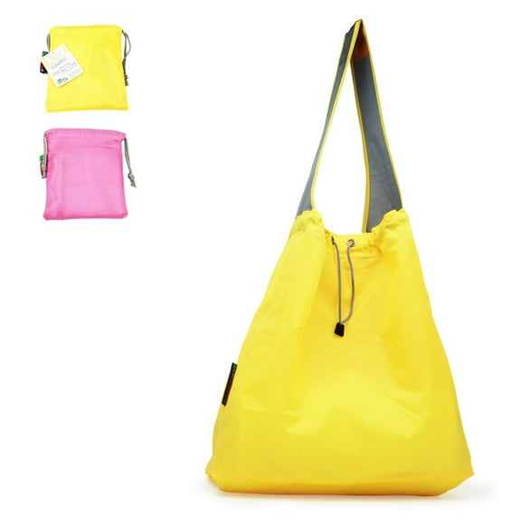 EcoJeannie® 2 Pack NEW Ripstop Nylon Foldable Daw-String Reusable Shopping Bag With Built-In Pouch and Reinforced Handle, Yellow & Pink