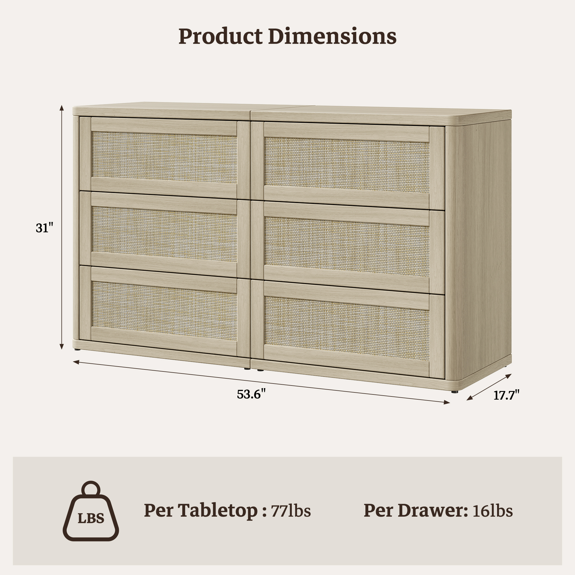 SICOTAS 53.6" Wide 6 Drawer Modular Rattan Dresser for Bedroom, Long Chest of Drawers with Pop-Up Drawers%& Unique Rattan Design, Amber Oak