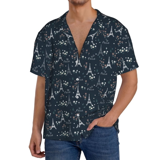 Balery Romantic Eiffel Tower Camisa Casual de Manga Corta con Botones para Hombre, Texturizada, Estilo Cubano, para Playa, Verano-X-Large