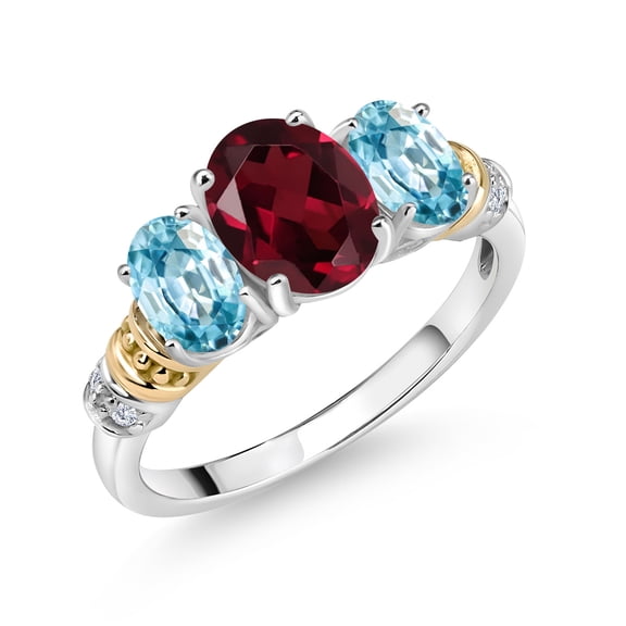 Gem Stone King 925 Sterling Silver and 10K Yellow Gold Oval Red Rhodolite Garnet Blue Zircon and White Diamond 3 Stone Ring for Women (2.68 Cttw, Gemstone January Birthstone, Size 5)