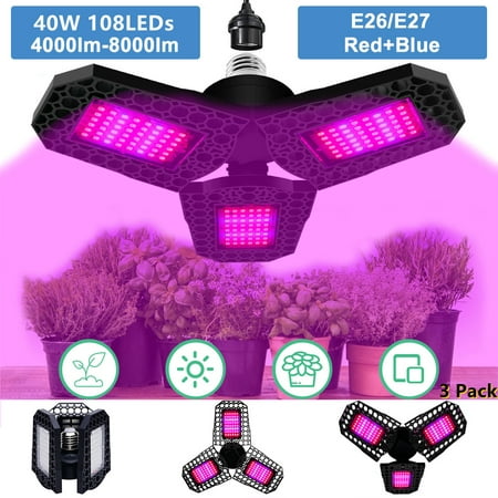 

Rosnek Foldable LED Grow Light Bulbs 40W/60W/80W Red Blue Plant Growing Lamp Waterproof for Hydroponics Greenhouse Organic Succulents Vegetables Flowers Growing 1/2/3/4Pack