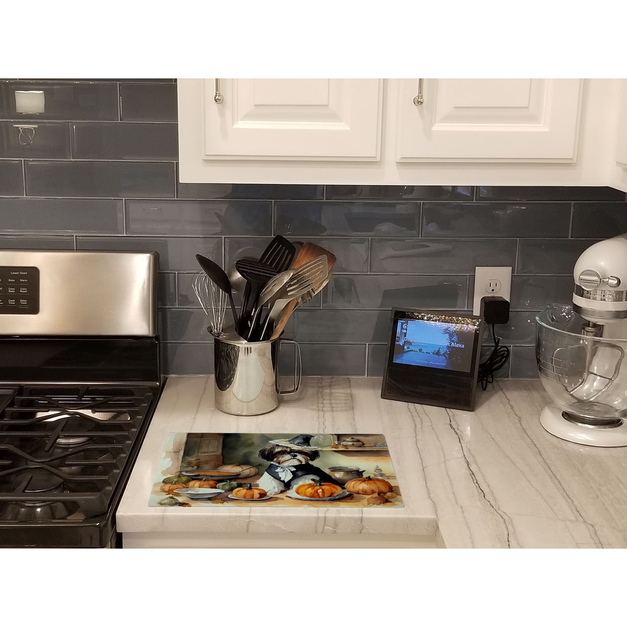 Shih Tzu Fall Kitchen Pumpkins Glass Cutting Board Large 12 in x 15 in