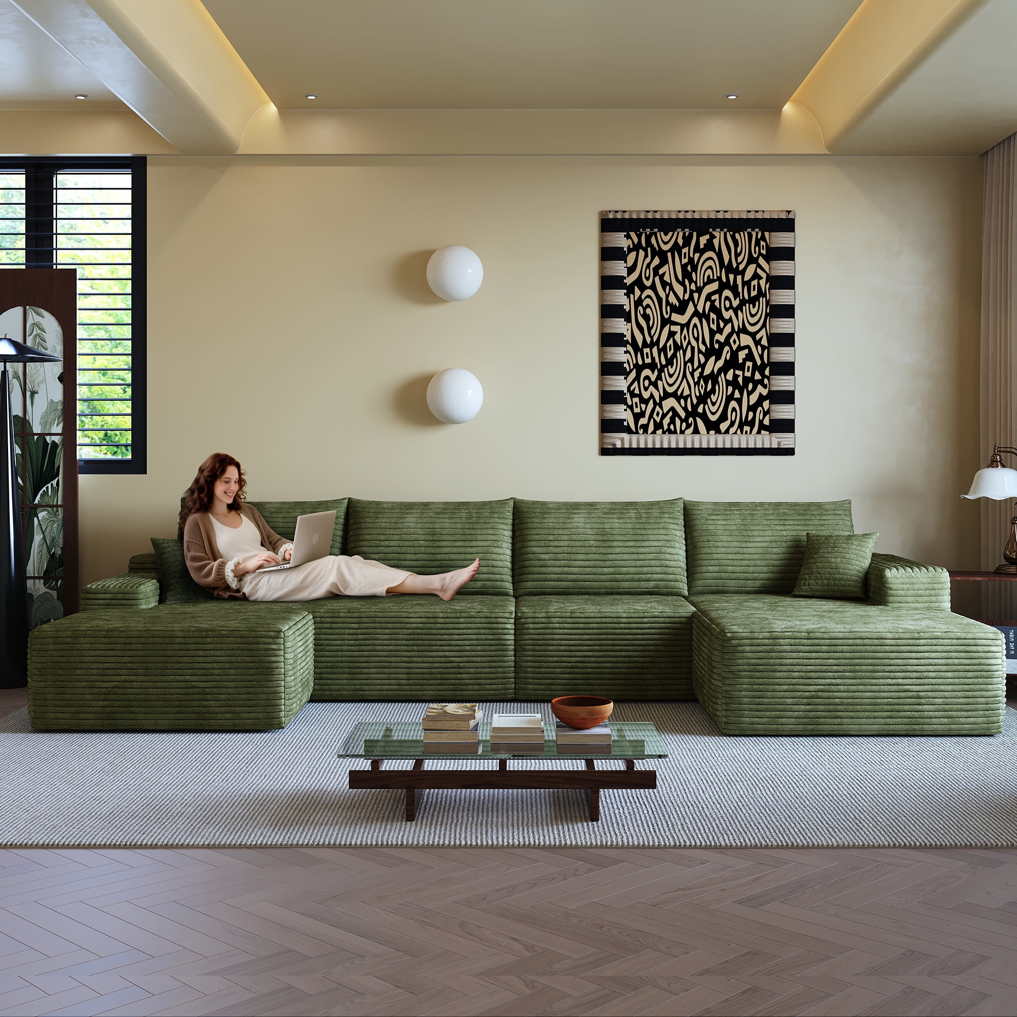 MAYEERTY 135" Cloud Sectional Sofa with 1 Ottoman, Modern Minimalist U-Shaped Deep Seat Couch, No Assembly Plush Corduroy Fabric, Green (4 packages)
