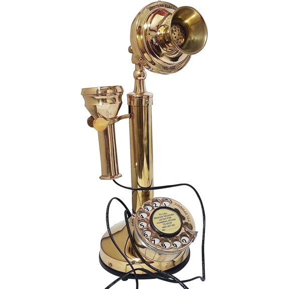 Decorative Western Electric Vintage Old Retro Replica Candlestick Rotary Dial Telephone Wired Landline Home Decor Brass Finish