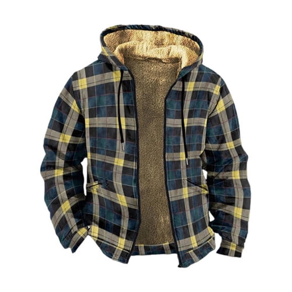 Men's Jackets Plaid Print Polar Fleece Jacket Hooded Heavyweight Outerwear Zip Up Long Sleeve Warm Coat Comfortable Loose Fit Fall Winter Mens Jacket with Hood