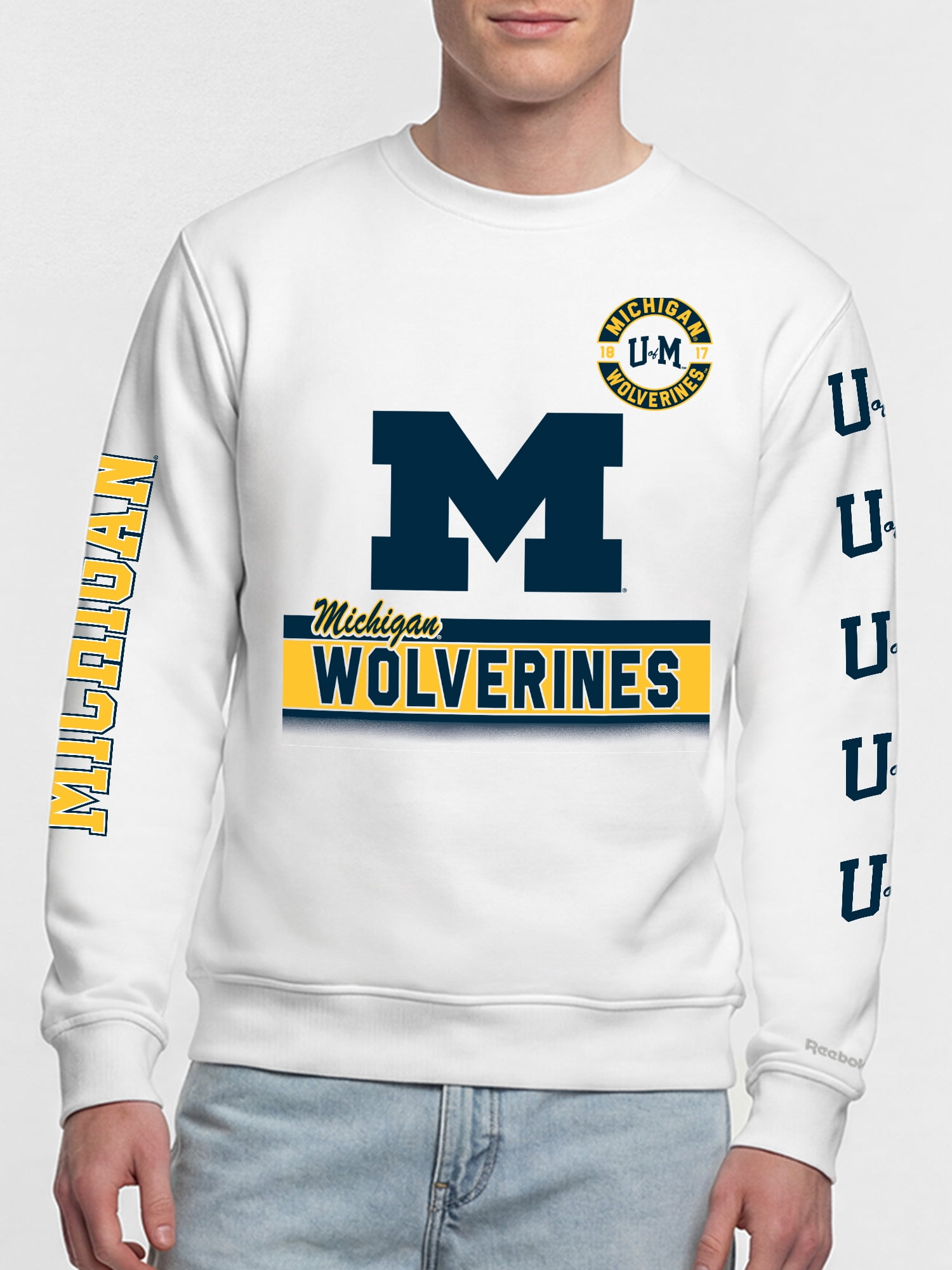 Michigan Wolverines Reebok Mens White Crew Sweatshirt