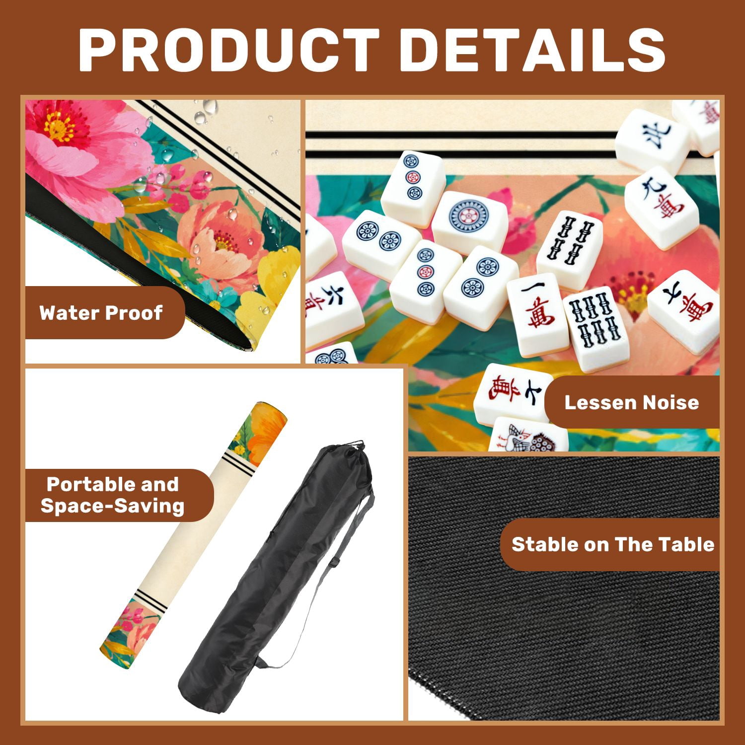 Mahjong Mat 31.5" x 31.5" Floral Vibrant Pink Orange Flowers Paisley Swirls Yellow Non-Slip Noise Reduction Mahjong Tiles Table Cover for Dominoes Poker Card Board and Tile Games