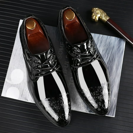 

TUOBKE Elegant Men‘s Glossy Derby Shoes - Striped Lace-Up Dress Footwear with Comfortable Rubber Sole for Formal Occasions